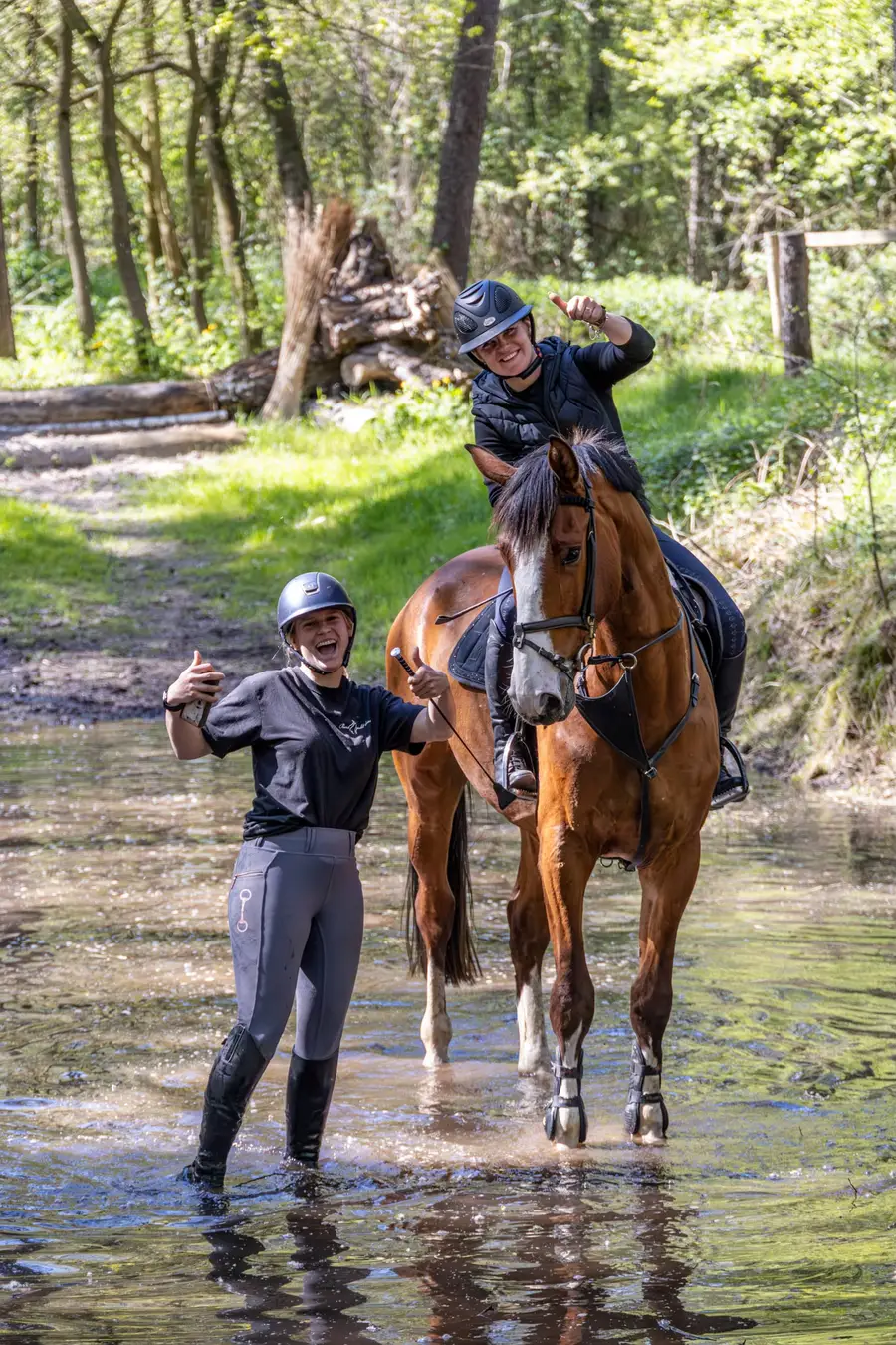 Twee ruiters genieten van een buitenrit door het bos. Een ruiter zit lachend op een bruin paard dat rustig door een ondiepe beek stapt, terwijl een tweede ruiter naast het paard in het water staat en enthousiast naar de camera gebaart. De zonnige, groene bosomgeving zorgt voor een ontspannen en vrolijke sfeer.