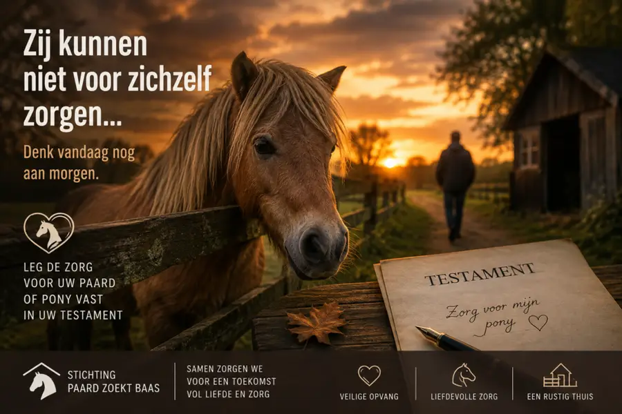 Zij kunnen niet voor zichzelf zorgen... Denk vandaag nog aan morgen. Leg de zorg voor uw paard of pony vast in uw testament