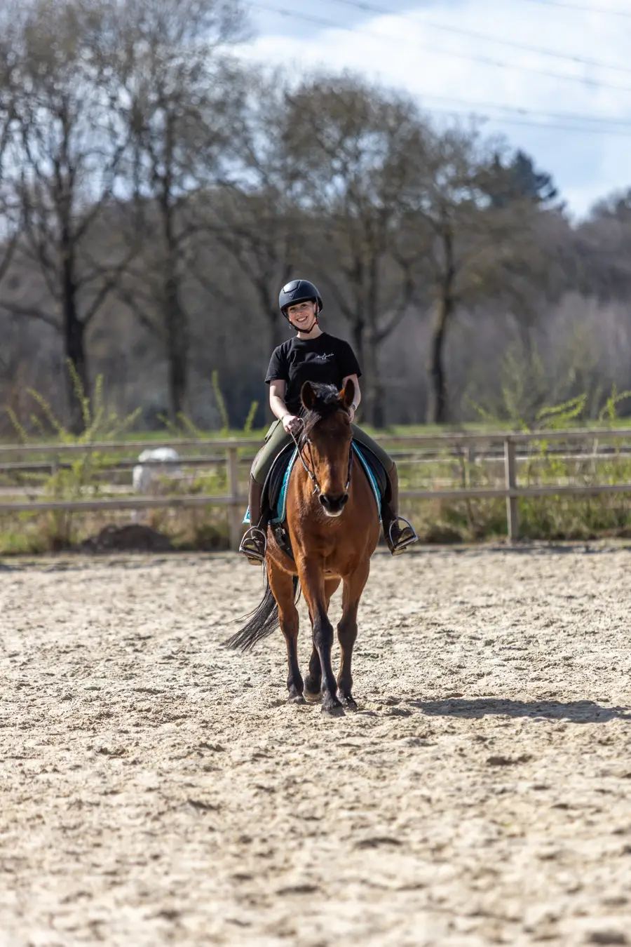 Ruiter met veiligheidshelm rijdt op een bruin paard in een buitenrijbaan, met bomen op de achtergrond.
